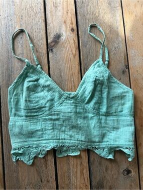 Free People Mint Green Festival Cropped Cami with Lace Hem